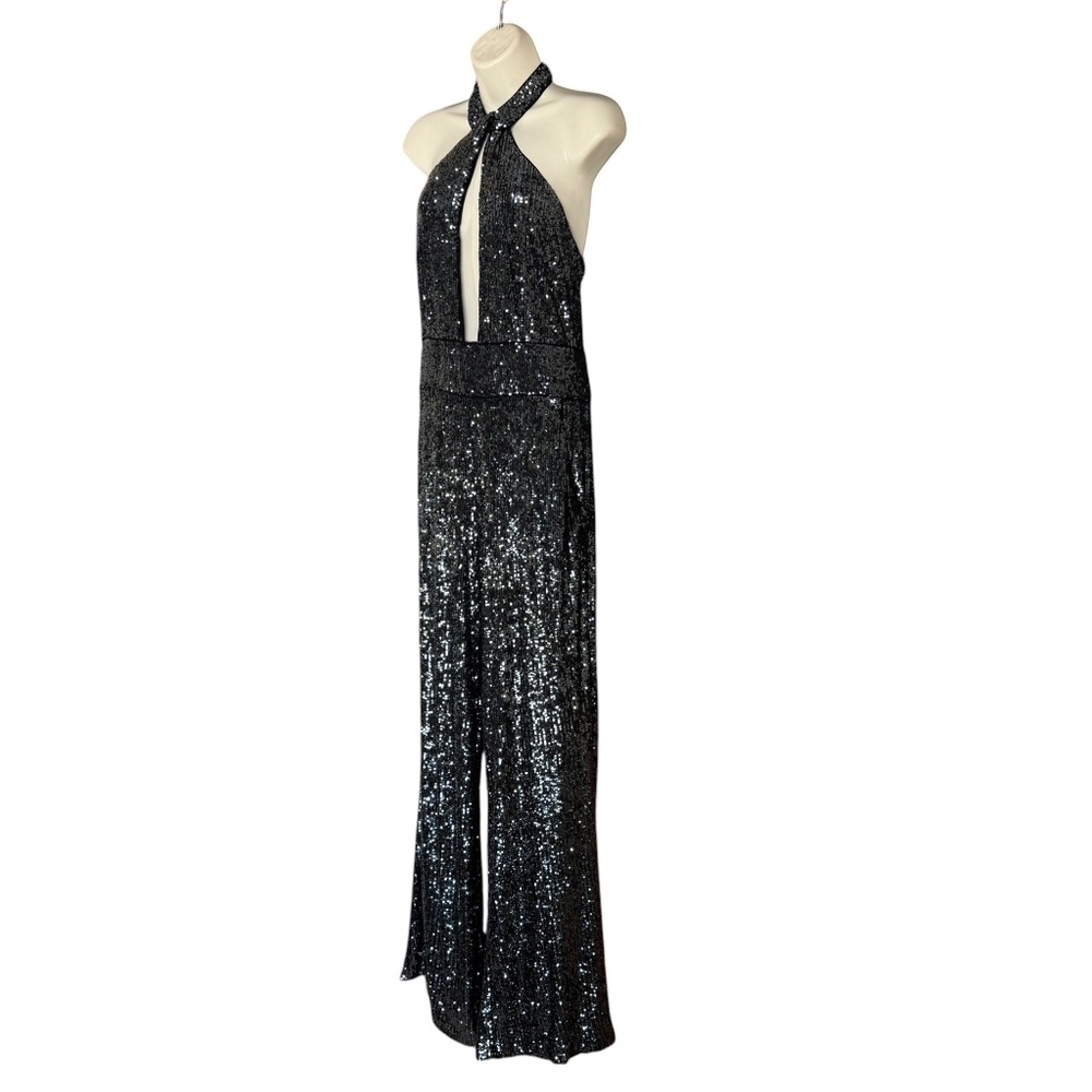 Maeve Anthropologie Black Silver Sequin Halter Jumpsuit Wide Leg Evening Size 10 - Picture 11 of 17